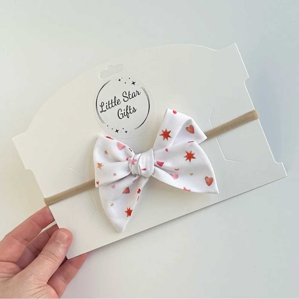 Pink hearts and stars fabric Hairbow, 3.5”, NEW